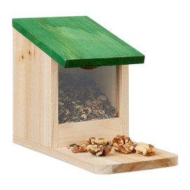 Relaxdays Squirrel Feeder House, Wood, Folding Roof, Seating Platform, Squirrel House, HBT: 17.5 x 12 x 25 cm, Natural/Green