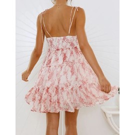 Mansy Womens 2025 Summer Floral Mini Dress Boho Flowy Skater Dresses Short Sleeveless Ruffle Spaghetti Strap Dress Pink Flower