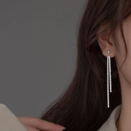 SLUYNZ Sterling Silver Chain Earrings for Women CZ Long Earrings Earrings Tassel Chain Stud Earrings, Sterling Silver