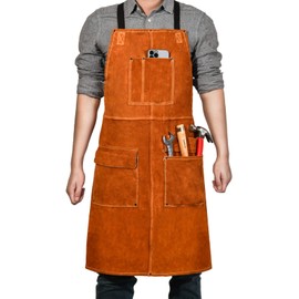 Leather Welding Work Apron - Heat Resistant & Flame Resistant Bib Apron, Flame Retardant Heavy Duty BBQ Apron, Adjustable One Size Fit Most