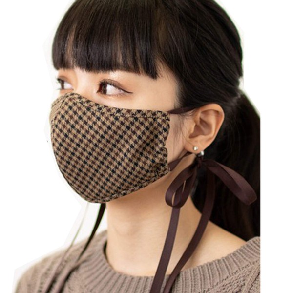Made in Japan Sacheck-mask-jpku Nose Wire Checkered Bow Mask, Washable Mask, Cool Feeling, Cool Contact Mask, Brown