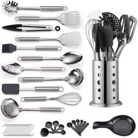 Reanea Kitchen Utensils Set, 39 Pieces Stainless Steel Cooking Utensils Set, Spoon Spatula Set with Sturdy Stainless Steel Utensil Holder, Dishwasher Safe