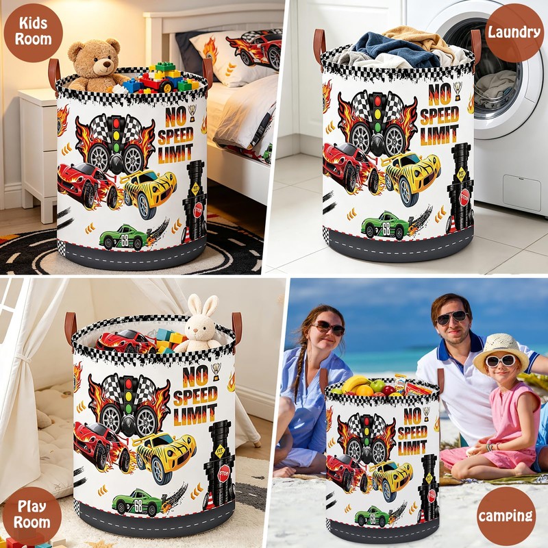 Race Car Round Waterproof laundry basket,Fire Decor for Boys Room,Kids