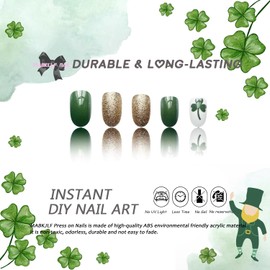 St. Patrick's Day Press on Nails Short Almond Green Fake Nails Gold Glitter Full Cover Shamrock False Nails with Designs Glossy Glue on Nails Cute Acrylic Nails Artificial Nails for Women Girls 24Pcs