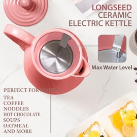 LONGSEED 1.2 Liters Ceramic Electric Kettle with Infuser & Mug Set,1000W Fast Boil Water for Tea Coffee, Teapot with Boil-Dry Protection Auto Shut Off, Detachable Swivel Base