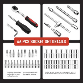 KOOPOOL 46 Pieces 1/4 inch Drive Socket Ratchet Wrench Set, with Bit Socket Set Metric and Extension Bar, Spinner Handle, Sliding Bar, Bit Adapter and Hex Wrenches for Auto Household with Storage Case