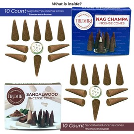 TRUMIRI Incense Cones - Combo Pack of 20 Cone Incense - 10 Nag Champa + 10 Sandalwood - Insence Cones - Incense Cones Scented - Cone Incense Scents - Insense Cones - Incent Cone
