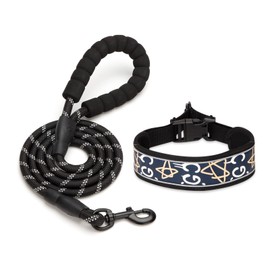 Reflective Dog Collar Padded Black Collar and Lead Set Polyester Foam Handle Soft Breathable Adjustable for Small Medium Large Pets
