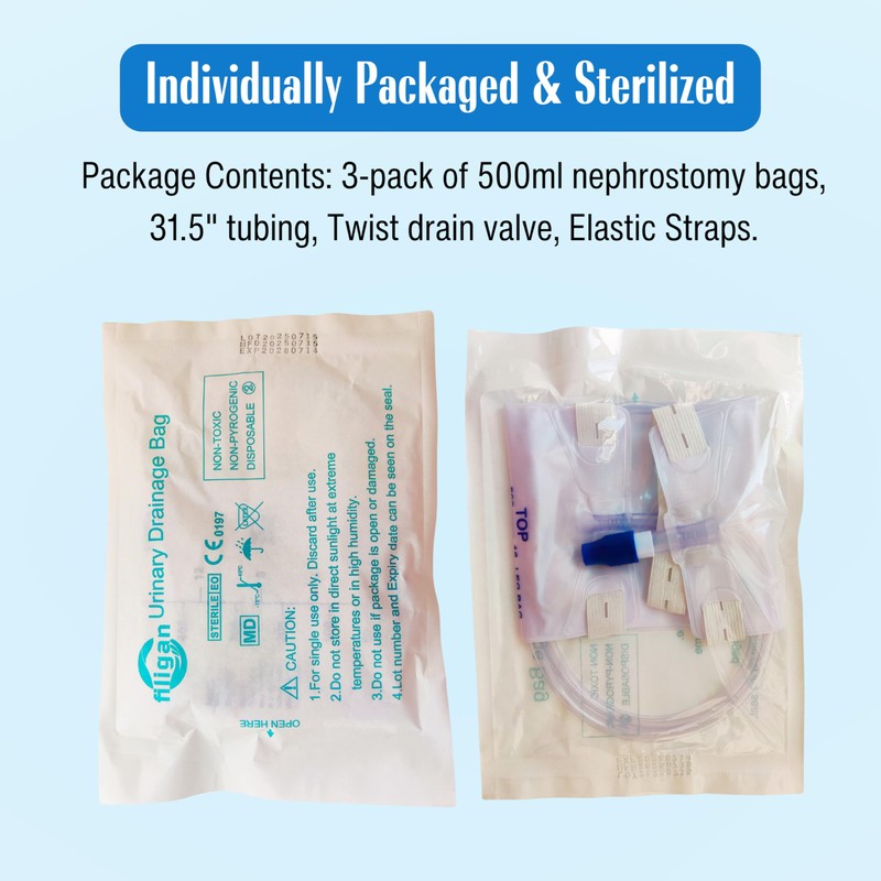 Filigan Urine Drainage Bags, 500ml Clear Nephrostomy Bag with 80cm(31.5")