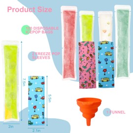 FEBSNOW 100 Disposable Ice Popsicle Bags with 2 Popsicle Sleeves, Neoprene Freezer Ice Pop Holder and Freezer Tubes with Zip Seals for Snacks, Yogurt Sticks Fruit Smoothies Comes with A Funnel