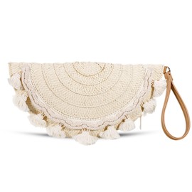 QTKJ Clutch Purses for Women, Straw Beach Bag, Bohemian Handmade Woven Envelope Package, Semicircle Tassel Summer Handbags for Vacation, Travel