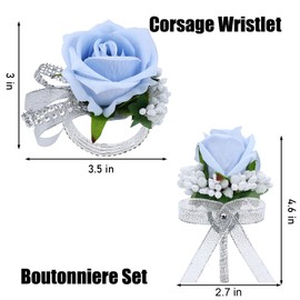 Vkkperp 2Pcs Light Blue Rose Corsage and Boutonniere Set, Artificial Wrist Corsage Wristlet Bracelets, Men Boutonniere for Wedding Party Homecoming Formal Dinner Flowers Accessories Prom Suit Decor