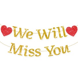 We Will Miss You Banner No DIY 11.5 ft Glitter Graduation Retirement Goodbye Decorations Going Away Party Decorations for Going Away Decorations Party Supplies (Heart+Gold)