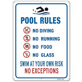 Uflashmi Pool Rules Sign Metal, Swim at Your Own Risk Pool Sign Outdoor, 10X14 in