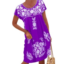 Melliflo Mexican Dress for Women Short Sleeve Floral Embroidered Fiesta Dress Loose Linen Peasant Dresses(PU, XL) Purple