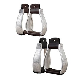 Black/Brown Engraved Western Horse Silver Saddle Stirrups 4.75" Wide Original Leather (Brown Leather)