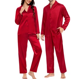 SWOMOG Couples Pajamas His & Hers Silk Stin Pajama Set Long Sleeve Sleepwear Women Men Nightwear 2 Pcs Loungewear with Pockets Red