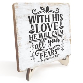 Inspirational Love Wood Sign Rustic Desk Decor Decorative Christian Religious Bible Verse Faith Decoration for Home Farmhouse Office Kitchen Bar Table Shelf Bathroom Wooden Plaque with Wood Stand