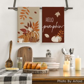 Artoid Mode Maple Leaves Pumpkin Fall Kitchen Towels Dish Towels, 18x26 Inch Farmhouse Thanksgiving Decoration Hand Towels Set of 4