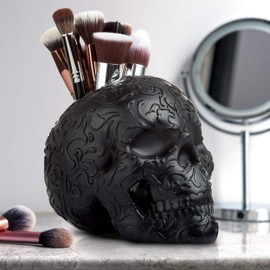 Skull Makeup Brush Holder, Pen Holder, Vanity, Desk, Office Organizer, Stationary, Decor planter, Candy Bowl, Goth Decorations, Bathroom organizer, Black