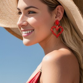 BriLove Marquise Crystal Love Heart Dangle Earrings Large Rhinestone Statement Drop for Women Bridal Wedding Brides Stud Ruby Color Gold-Toned