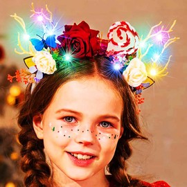 Zoestar Christmas Light up Headband LED Antlers Headbands Glowing Flower Hair Bands Butterflies Xmas Party Costume Hair Accessories for Women (A)