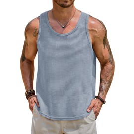 VOGSTART Men's Hollow Out Tanktop See Through Shirt Tops Breathable Solid Color Classic Trendy Knitted Vest Light Blue XL
