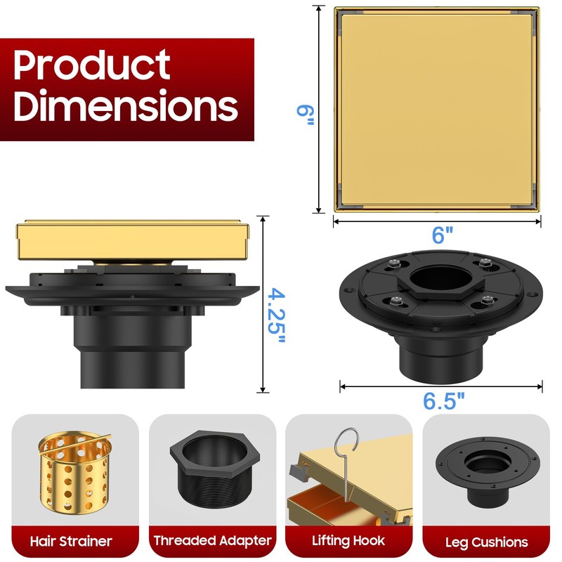 DLONE Square Shower Drain | 6 Inch Brushed Gold AISI