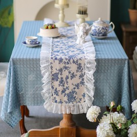 ARTMAGIC Floral Table Runner Cotton Fabric with White Embroidery Lace Ruffled Retro Rustic Dress Scarf Farmhouse Decor for Spring Summer Dining Table Home Holiday Party (Blue Floral, 16 x 36 Inches)