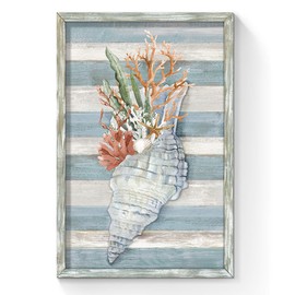 Conch Wall Art Wooden Framed: Vertical Ocean Beach Seashell Coral Starfish Seaweed Picture Teal Vintage Rustic Nautical Coastal Marine life Painting Prints on Wood Plank Hand Painted Artwork for