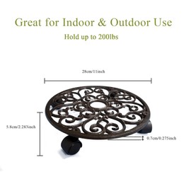 2pcs Heavy Duty Cast Iron Flowerpot Holder Plant Caddy 11 inch, Flower Stand Round Planter Holder with 4pcs 360° Caster Wheels - Rustic Dark Brown