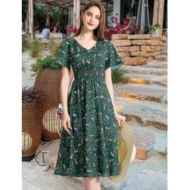 Gardenwed Womens Casual Summer Chiffon Floral V Neck Short Sleeve Smocked Wedding Guest Midi Dress Green Small Flower L