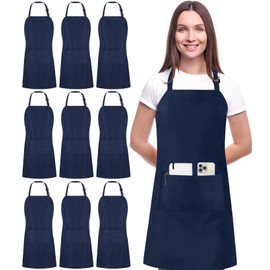 Utopia Kitchen 10 Pack Bib Apron, Unisex Adjustable Aprons with 2 Pockets, Waterdrop Resistant Cooking Kitchen Chef Apron for Men Women, Navy