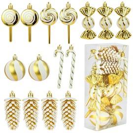 Christmas Tree Decoration Gold, 15 Piece Christmas Tree Decoration Set, Glitter Christmas Tree Decoration, Christmas Tree Pendant, Plastic, Candy Cane, Sweet, Ball, Pine Cones with Cord for Christmas