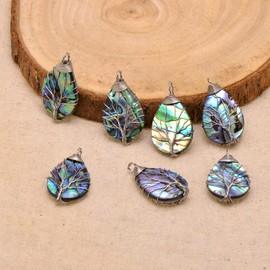 Natural Abalone Shell Wrapped Wire Tree of Life Pendant Necklace - Small - White Copper