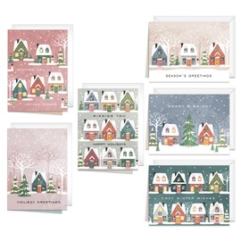 Canopy Street Snowy Village Holiday Cards / 24 Christmas Note Cards With White Envelopes / 4 5/8" x 6 1/4" Festive Seasonal Greeting Cards / 6 Winter Wonderland Houses Designs