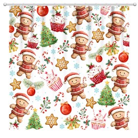 Fitumiw Gingerbread Shower Curtain 72" x 72" Christmas Cookies Candy Gingerbread Man Home Bathroom Decorations Santa Xmas Trees Bathtub Curtain Set with 12 Hooks