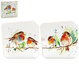 Colour Full Double Winter Robins Sitting on a Branch Set of 4 Coasters, Home,Decoration,