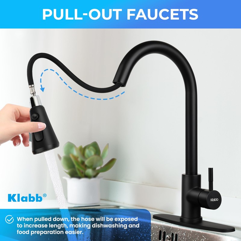 Klabb Single Handle High Arc Pull Out Kitchen Faucet, Matte