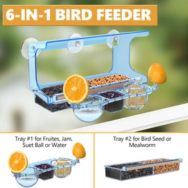 LUJII 6-in-1 Window Bird Feeder with Strongest Suction Cups, All-in-one Feeder for Bird Seed, Suet Ball, Mealworm, Oriole Orange Fruit, Jam or Water, 2 Removable Trays for Easy Cleaning, Blue
