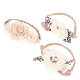 Vaguelly 3Pcs Headbands with Pearl Flower Design Adorable Hair Accessories for Hundred Days Photo Sessions Pink and Beige