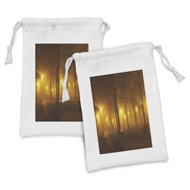 Ambesonne Fall Fabric Pouch Set of 2, Foggy Evening in the Park Autumn Season Nature Outdoors Misty Peaceful View, Small Drawstring Bag for Toiletries Masks and Favors, 9" x 6", Marigold Caramel