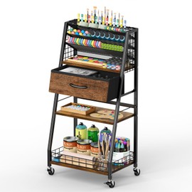 Housolution 3 Tier Rolling Cart with Drawer, Utility Cart with Lockable Wheels, Multi-Functional Arts and Crafts Organizer Storage for Brushes & Paints & Artifacts, Ideal for Home Office Studio