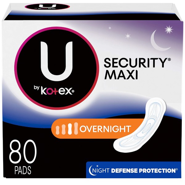 U by Kotex Security Feminine Maxi Pad, Overnight, Unscented, 80 Count (2 Packs of 40) (Packaging May Vary)