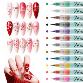 MKNZOME 12 Color Nail Art Pens Set, 0.5 MM Nail Polish Pens Dotting Drawing Painting Point Liner Painted Pen Kit, Waterproof and Quick-drying Nail for DIY Nails Art Design Manicure Tools