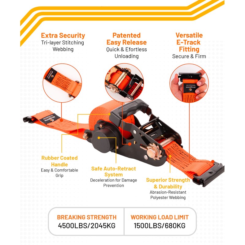 Strapinno E-Track Retractable Ratchet Straps with Wheel Chock Kit, 4500lbs
