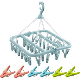 1 Foldable Hanging Sock Clothes Peg (including 32 Pegs) with 6 Beach Towel Drying Needles, Square Sock Drying Pins, Windproof Plastic Clothespins