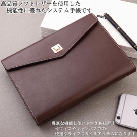 Personal Organizer, A5 Size, 6 Holes, Soft Leather, 100 Sheets of Paper, Pen Holder, Card Pocket, Rotating Lock, Business Notebook, Binder (Dark Brown)