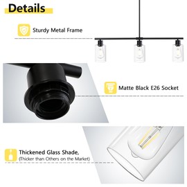 KMaiPem Kitchen Island Lighting, 3 Lights Linear Black Chandelier Light Fixture with Glass Shade, Industrial Kitchen Pendant Lighting Over Island, Modern Farmhouse Chandelier for Dining Room