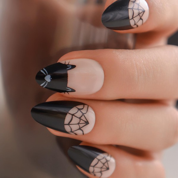 Black French Tip Press On Nails - Medium Long Cobweb